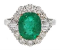 18ct white gold oval emerald, round and baguette cut diamond ring, stamped 750, emerald approx 1.90