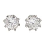 Pair of 18ct white gold round brilliant cut diamond stud earrings, total diamond weight approx 0.80