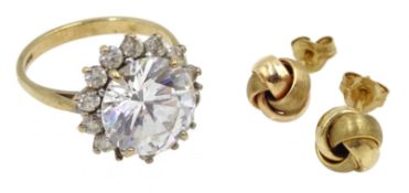 9ct gold cubic zirconia cluster ring hallmarked and pair of 9ct gold knot earrings, stamped 375