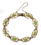 Rose gold peridot and split seed pearl link bracelet, stamped 9ct