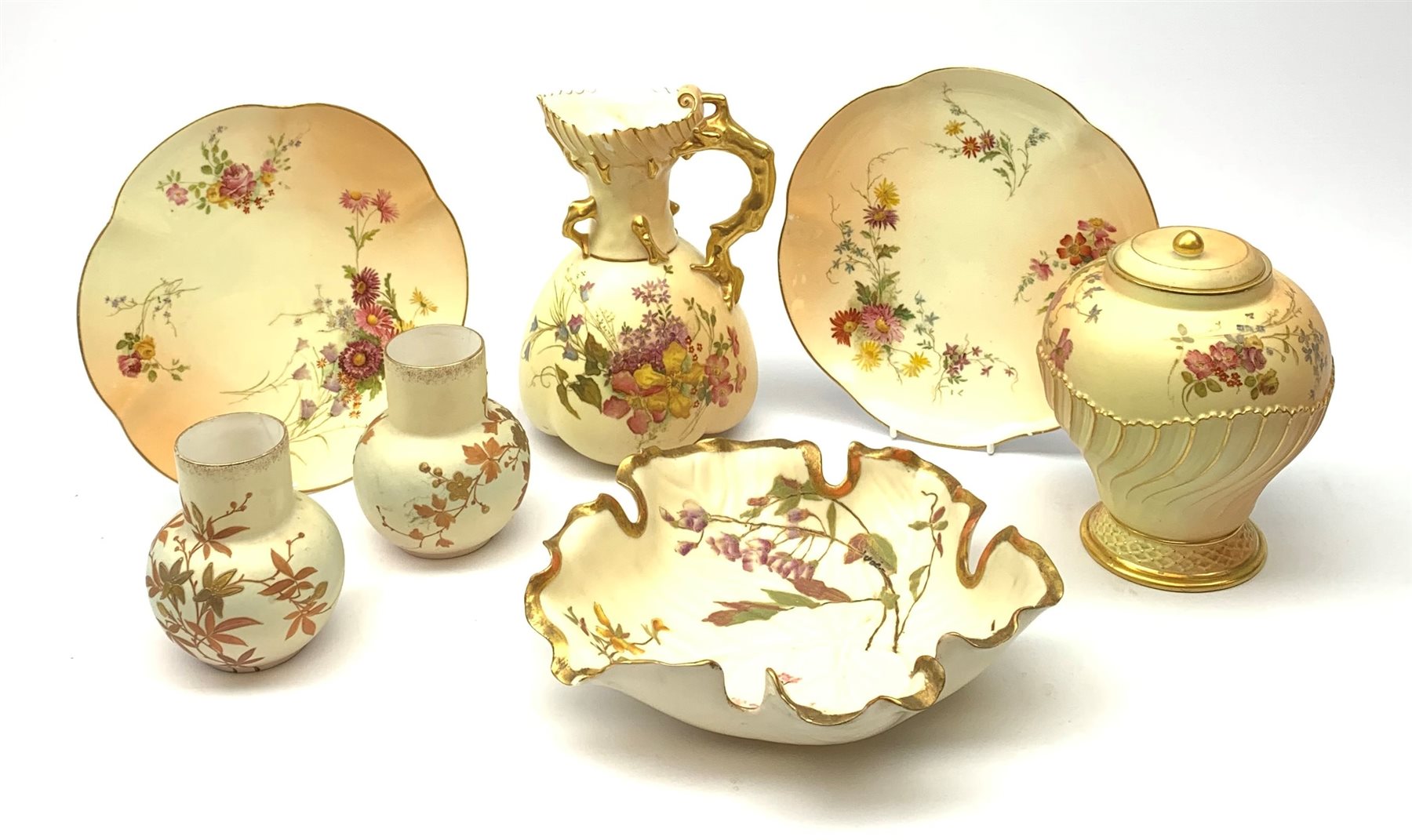 A selection Royal Worcester Blush Ivory, comprising a potpourri jar and inner cover, of baluster par