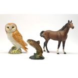 Three Beswick figures. comprising Barn Owl 1046, Trout 1390, and horse with matt brown glaze, Owl an