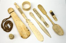 A selection of bone, to include shoe horn, spoon, napkin ring, thimble, etc. (8).