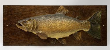 A George V plaster half block fishing trophy of a Trout, L83.5cm.