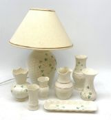 Belleek Basket-Weave table lamp decorated with shamrocks, H45cm (including shade) together with seve
