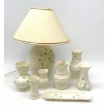 Belleek Basket-Weave table lamp decorated with shamrocks, H45cm (including shade) together with seve