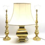 Large brass table lamp of square bulbous form on bracket feet with shade, H83cm overall