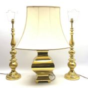 Large brass table lamp of square bulbous form on bracket feet with shade, H83cm overall