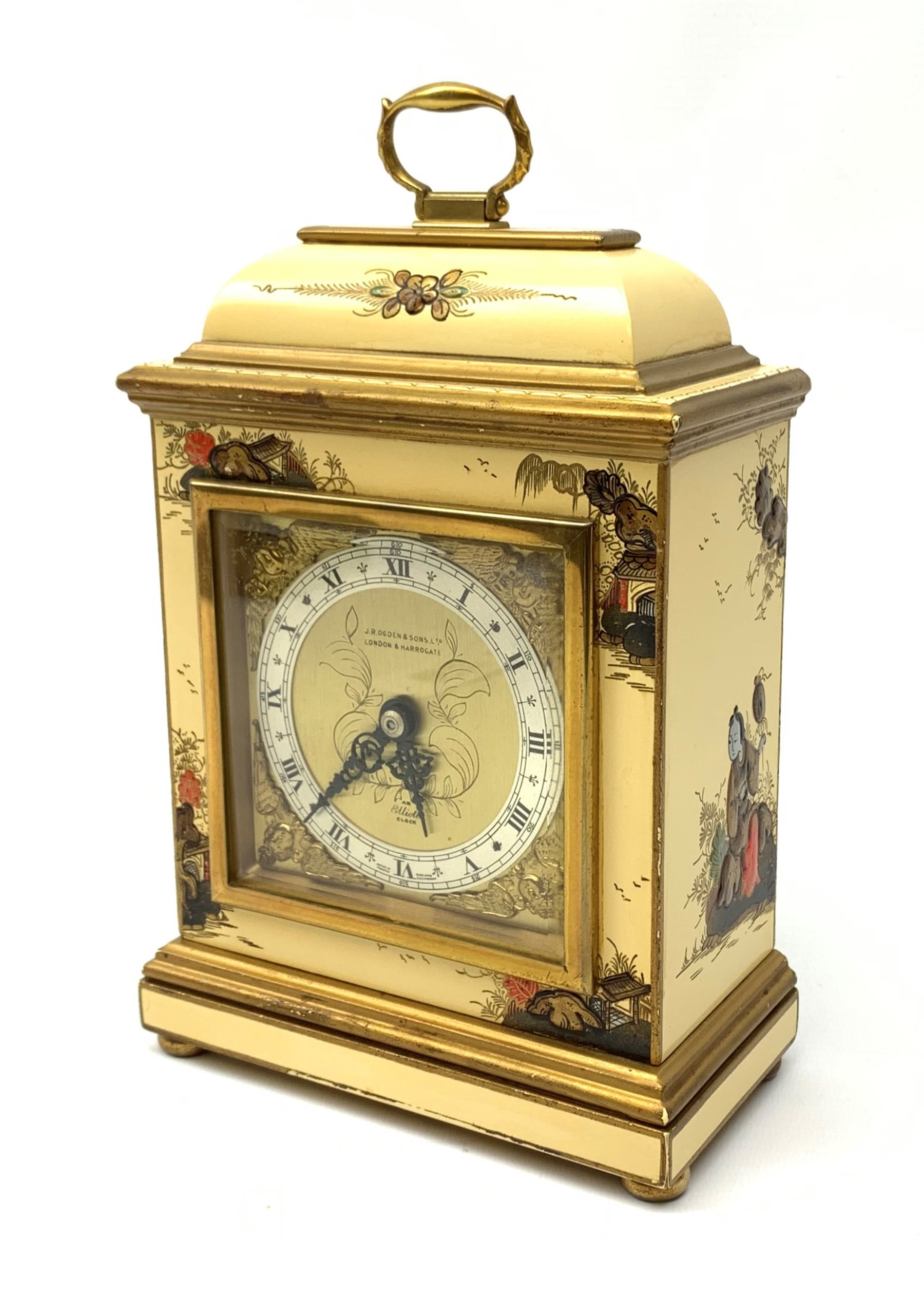 A chinoiserie style mantle clock, the dial marked J R Ogden & Sons London & Harrogate, with later mo