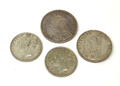 Queen Victoria 1890 crown, 1890 double florin and two half crown coins dated 1883 and 1885