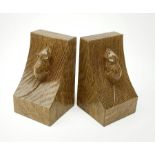 'Mouseman' pair adzed oak bookends by Robert Thompson of Kilburn, carved mouse signature to each end