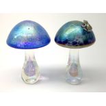 A John Ditchfield Glasform mushroom, in irridescent blue surmounted with a frog, H10.5cm, together w