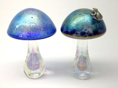 A John Ditchfield Glasform mushroom, in irridescent blue surmounted with a frog, H10.5cm, together w