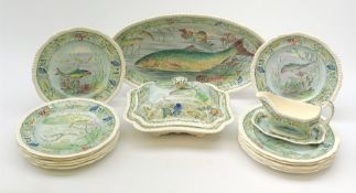 A Copeland Spode fish service, comprising twelve plates, oval serving platter, tureen and cover and