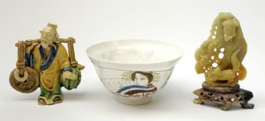 Japanese porcelain bowl enamelled with a fan shaped panel of a geisha, flowers and butterflies D10cm