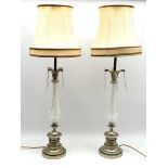 Pair of brushed brass and glass column table lamps with prism drops on circular stepped base, H67cm