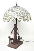 Large Tiffany style lamp, the bronze finish base modelled as a lady walking two Labradors with leade