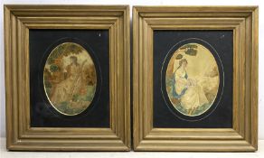 A pair of George III silk work pictures, the first depicting a female figure with staff and two shee