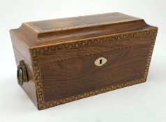A 19th century rosewood tea caddy, of sarcophagus form with inlaid key fret detail and ivory escutch