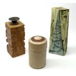 Delan Cookson (British1937): studio stoneware square section vase H22cm and cylindrical jar and cove