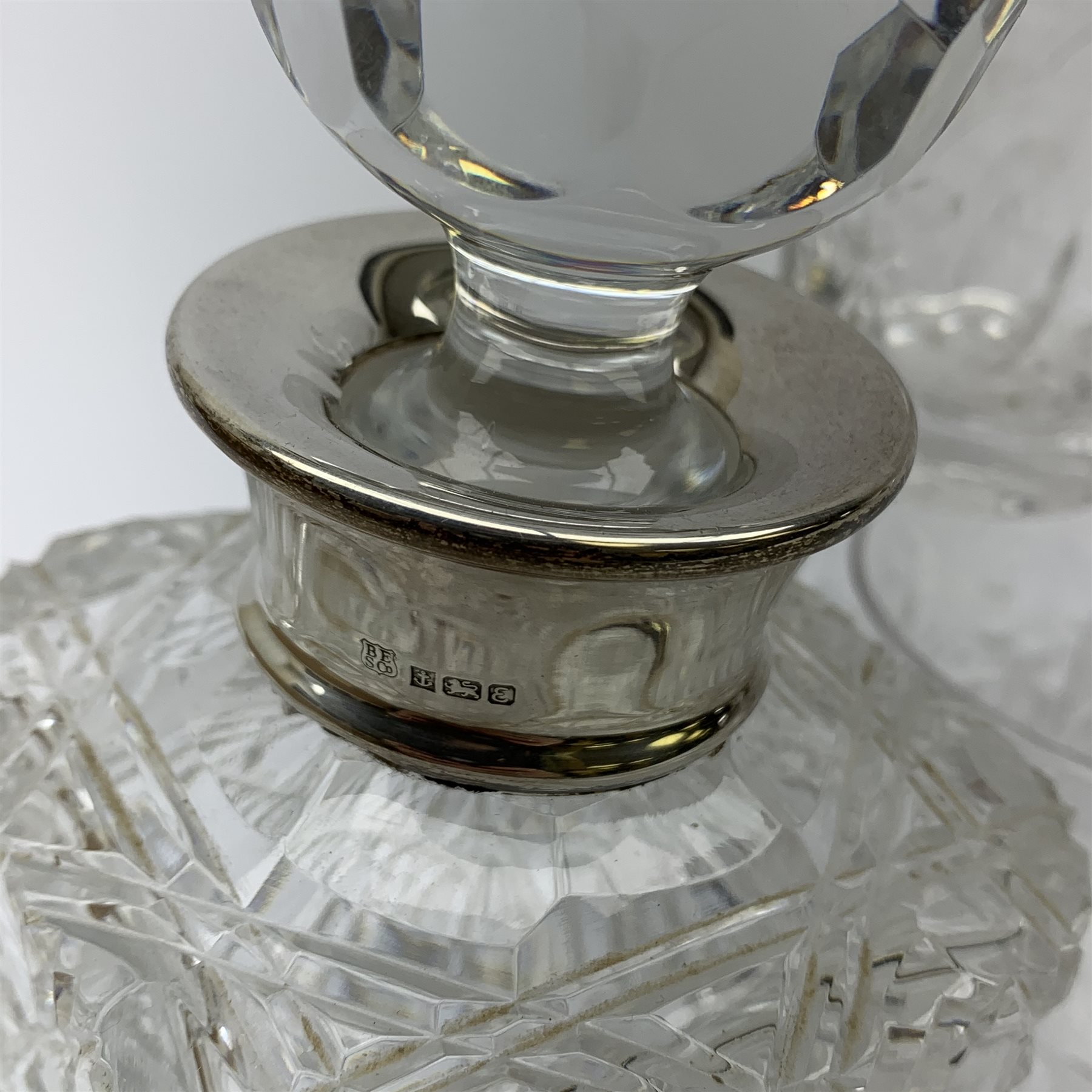 A silver mounted cut glass decanter, hallmarked Barker Ellis Silver Co, Birmingham 1979, together wi - Image 2 of 2