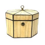 George III ivory tea caddy, of octagonal form with ebony stringing, brass handle and escutcheon, H13