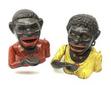 Two 20th century cast iron Jolly money banks, modelled as a male and female figure with mechanical a