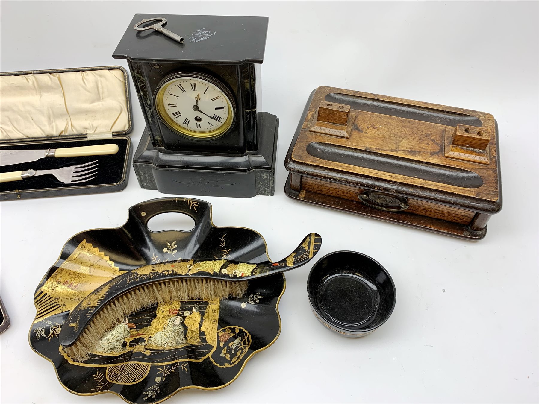 A black slate mantle clock, the white enamel dial with black Roman numerals, H23.5cm, a Victorian pa - Image 3 of 5