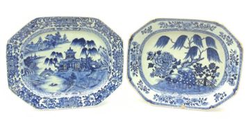 Two late 18th/early 19th century Chinese blue and white willow pattern platters, L41cm.