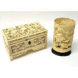 19th century Cantonese carved and pierced ivory small trinket box, L13.5cm and a similar cylindrical