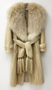 Marble blond mink three quarter length coat and fox fur collar, with belt