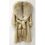 Marble blond mink three quarter length coat and fox fur collar, with belt