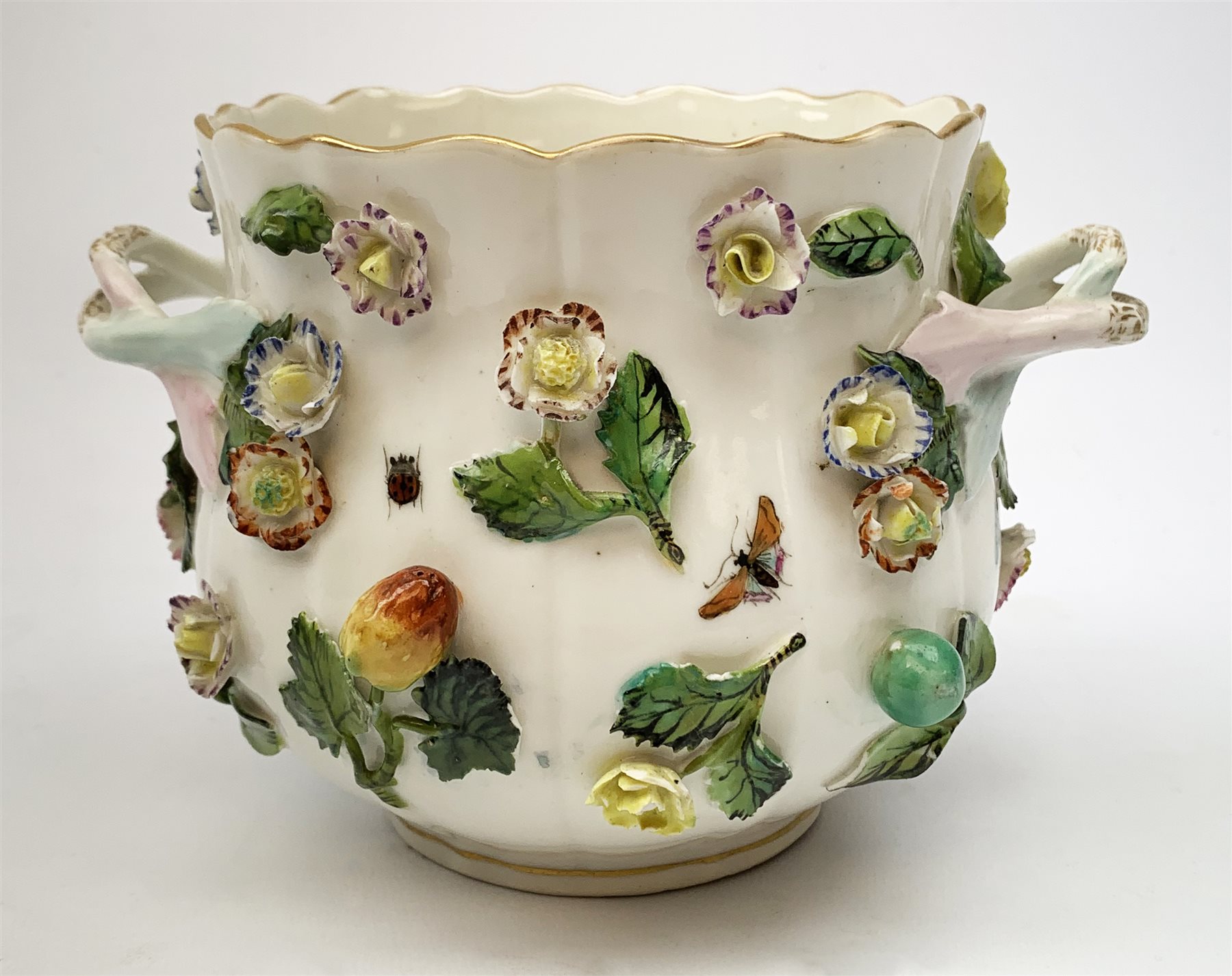 A Potschappel pot, with encrusted flower decoration and painted insects, H12cm. - Image 2 of 3