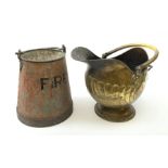 An early 20th century fire sand bucket, excluding handle H31cm, together with a brass coal scuttle.