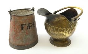 An early 20th century fire sand bucket, excluding handle H31cm, together with a brass coal scuttle.