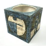 A Troika pottery cube vase or jardini�re, designed by Linda Taylor, the blue ground with geometric d