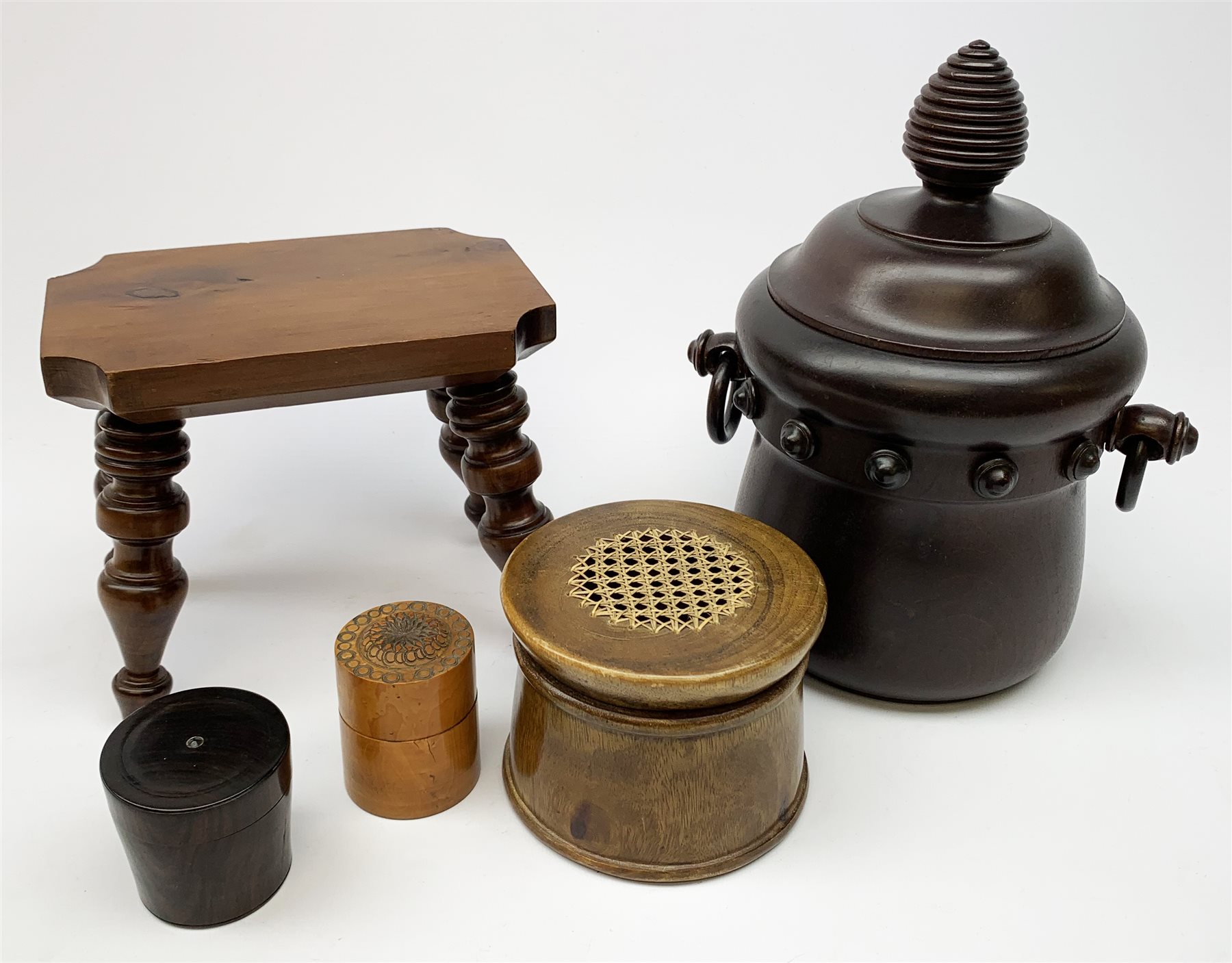 A treen tobacco jar, the body with twin ring handles, and domed cover with turned finial, H27.5cm, a
