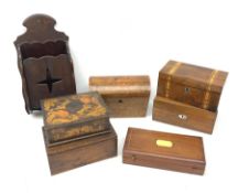 Victorian walnut inlaid tea caddy, Victorian burr walnut dome top tea caddy, George V carved mahogan