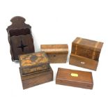 Victorian walnut inlaid tea caddy, Victorian burr walnut dome top tea caddy, George V carved mahogan