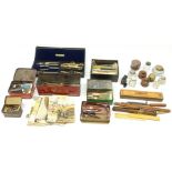A selection of various writing accessories, to include a cased drawing instruments set, containging