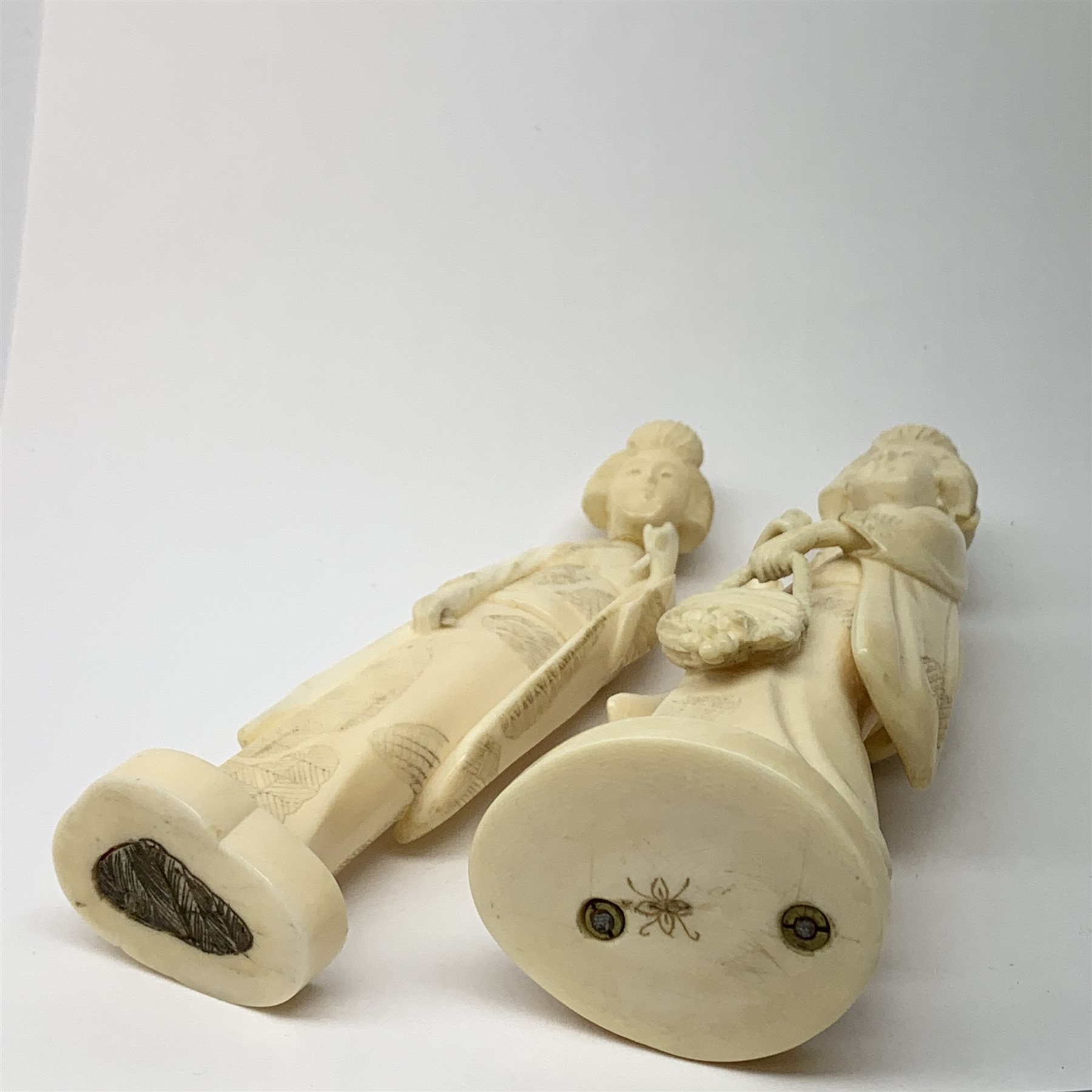 Two Japanese carved ivory okimons, each modelled as a geisha, each approximately H15cm. - Image 3 of 3