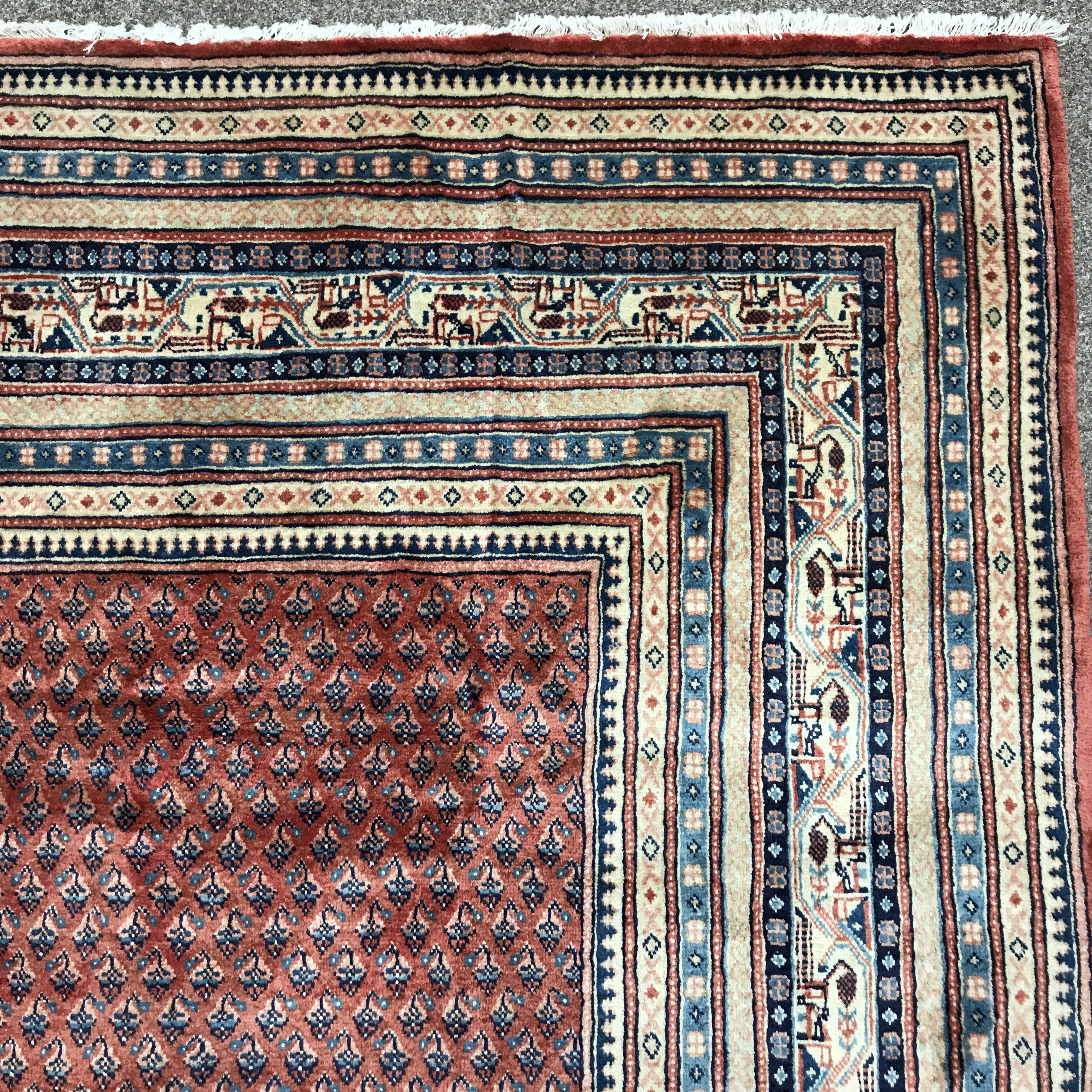 Large Persian Araak red ground rug, multiple band border, repeating boteh motifs field, 392cm x 284c - Image 6 of 8