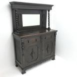 Early 20th century dresser, raised back, projecting cornice, mirror back flanked by barley twist sup