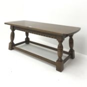 Rectangular oak joint style coffee table, cup and cover supports joined by stretchers, W106cm, H43cm