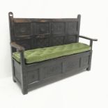 18th century carved oak settle bench, raised panel back, single hinged seat lid, square supports, W