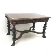 19th century Swedish oak centre table, moulded top, two drawers, carved lions head and floral detail