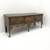 18th century oak dresser base, three drawers, shaped apron, cabriole legs on pad feet, W195cm, H80cm