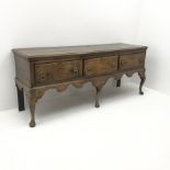 18th century oak dresser base, three drawers, shaped apron, cabriole legs on pad feet, W195cm, H80cm