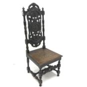 19th century heavily carved oak hall chair, solid seat, baluster supports joined by stretchers, W51c