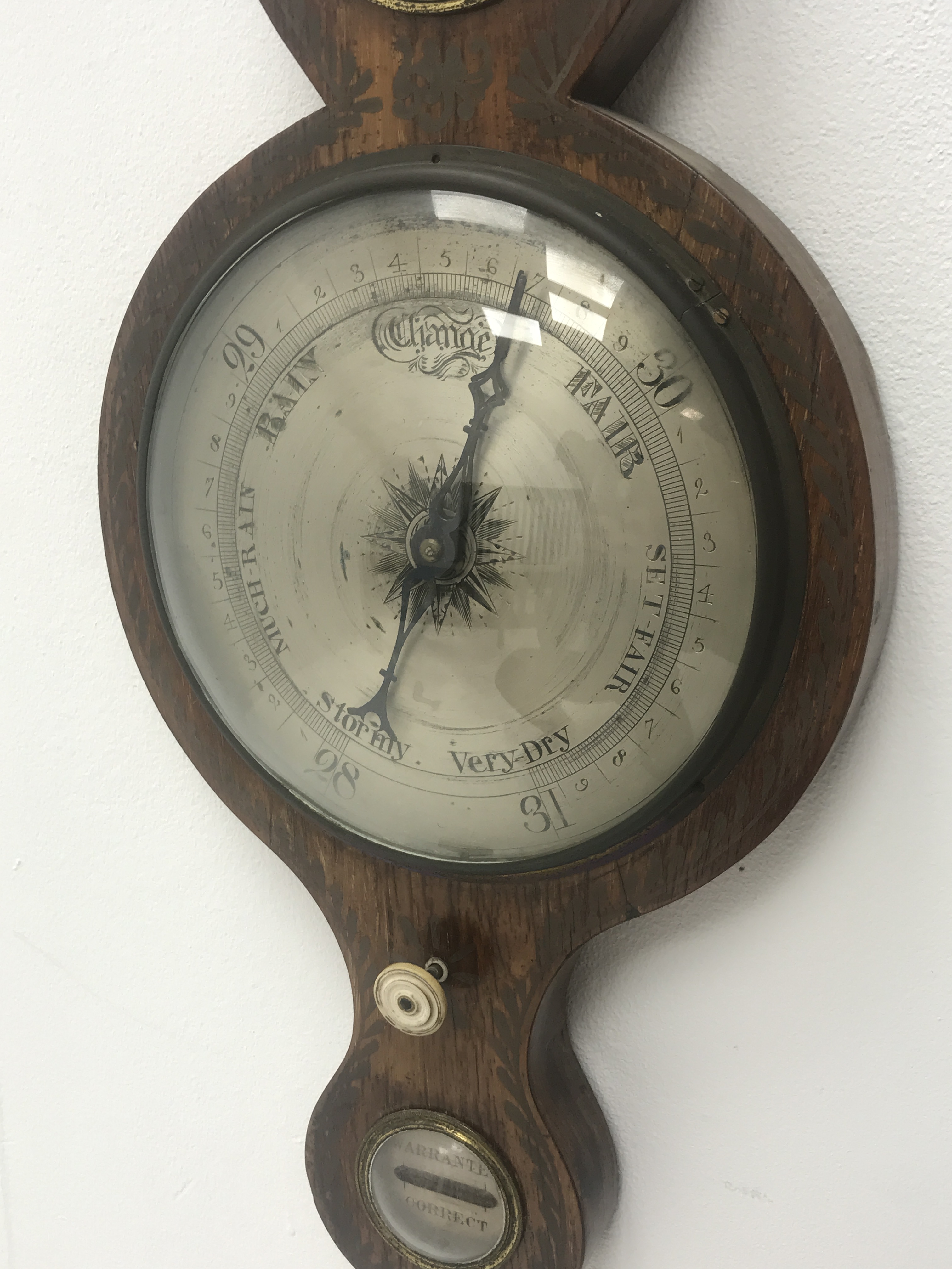 19th century rosewood five dial banjo barometer, silvered circular engraved dial, with painted detai - Image 8 of 10